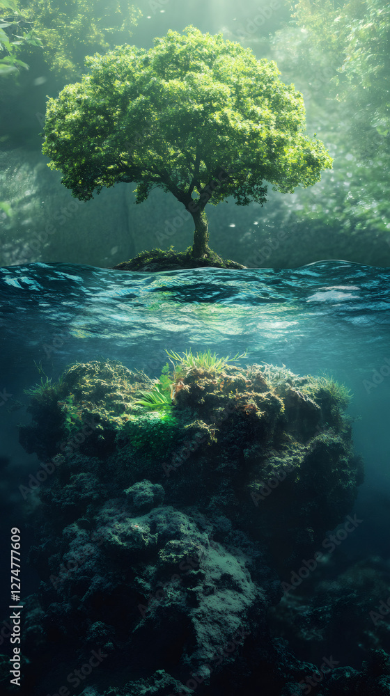 Poster Surreal image of a lonely tree growing on a small island with underwater view of the rock formations and algae