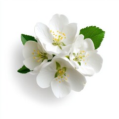 Fototapeta premium Delicate White Flower Blooms with Green Leaves on White Background