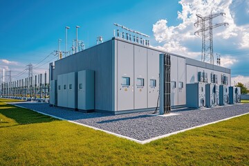 Obraz premium Energy Hub: Modern industrial architecture, with a substation facility under a clear blue sky, symbolizing the core of power distribution.