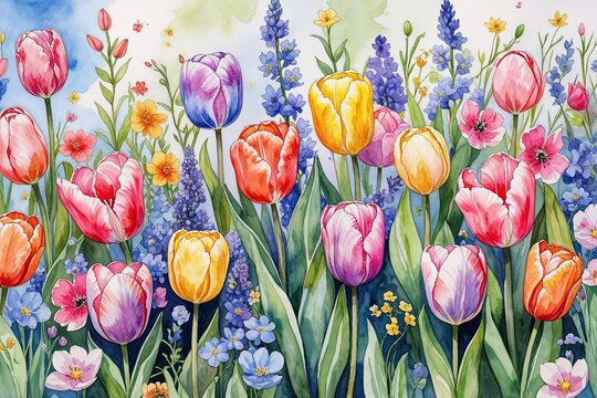 Vibrant Spring Watercolor Floral Backdrop Featuring Tulips and Colorful Blooms