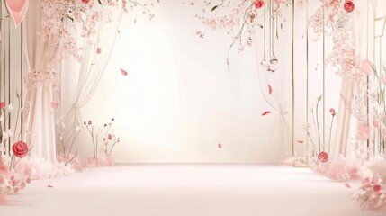 Pink Stage Decorated with Flowers and Curtains with Wedding Theme