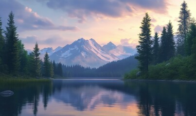 Scenic mountain view during sunset, soft pastel hues reflecting off the calm lake surrounded by trees.