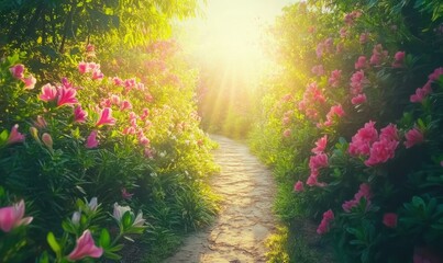 Scenic nature trail surrounded by vibrant greenery and colorful flowers, soft morning sunlight creating a peaceful atmosphere.