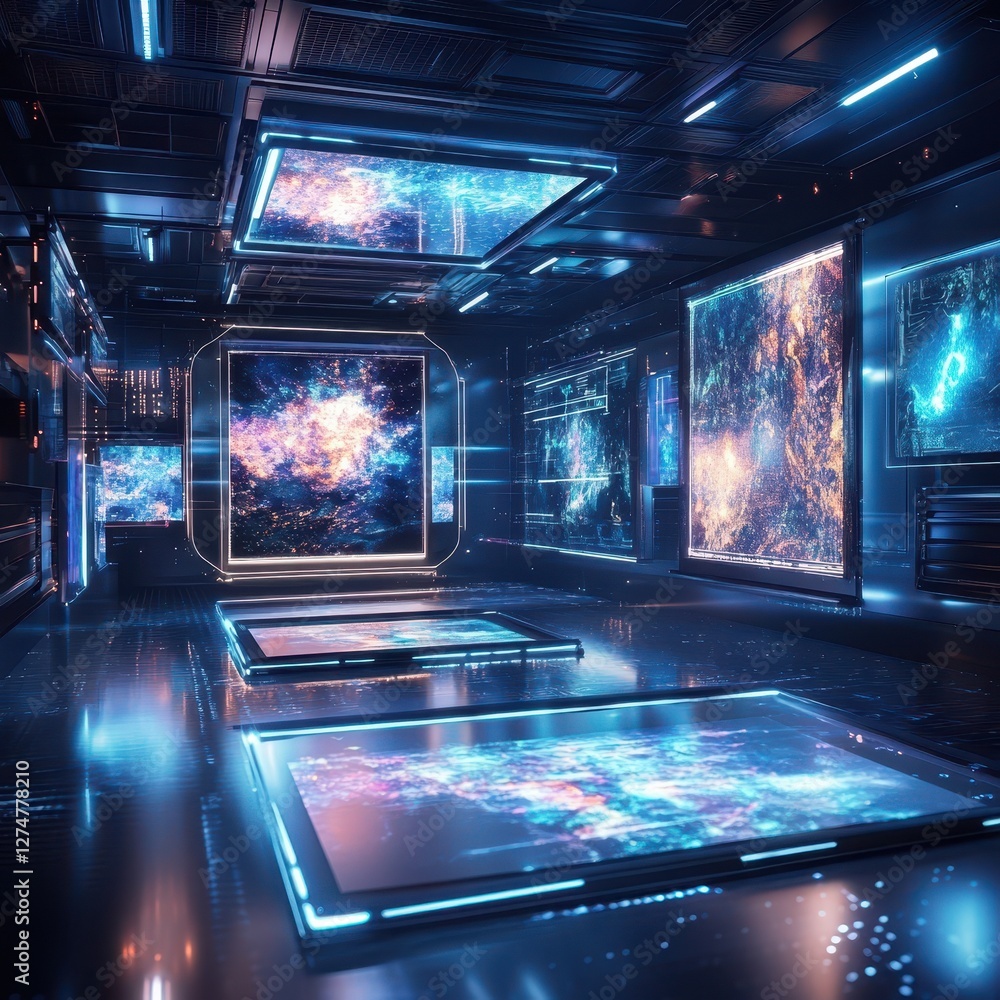 Poster futuristic space station with screens displaying nebula images