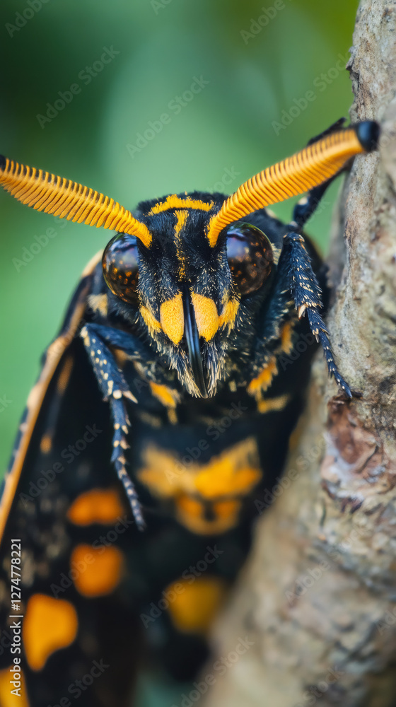 Poster Close-up of a wasp moth showcasing its striking black and yellow patterns, perched on a tree branch in a natural setting