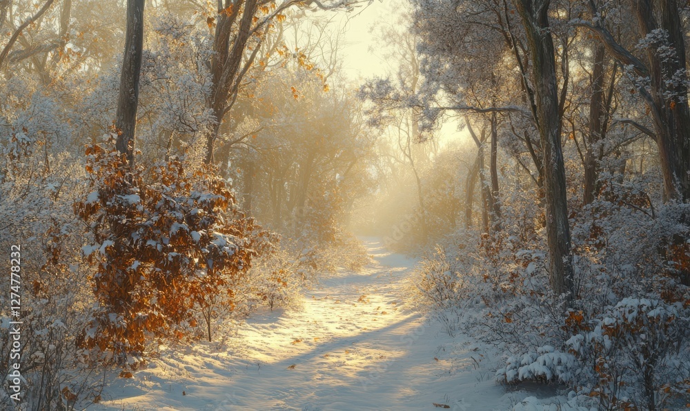 Poster scenic path through a snow-covered forest, soft golden sunlight filtering through the trees creating