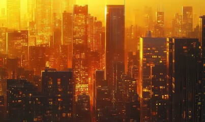 Fototapeta premium Golden sunset over a bustling city skyline, warm hues reflecting off the glass buildings, capturing the beauty of urban life