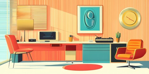 Retro themed room with desk chair and office accessories