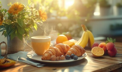 Gourmet breakfast spread with fresh croissants, fruit, and coffee served on a wooden table with warm sunlight streaming