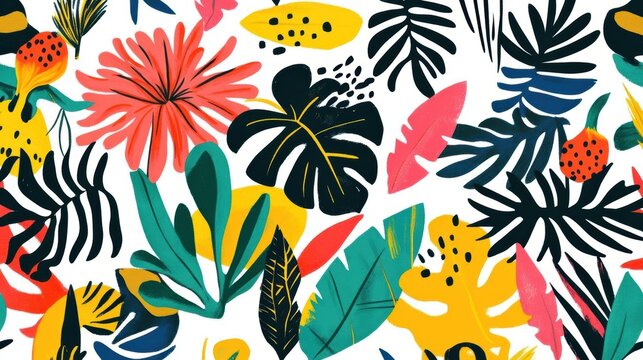 Tropical Leaves and Flowers Create a Vibrant Jungle Pattern with Bold Colors and Exotic Botany Theme.