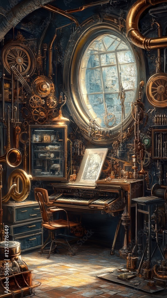 Poster intricate steampunk workshop with musical keyboard and mechanical instruments
