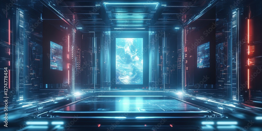 Poster futuristic portal displaying ocean like view encased in advanced technology