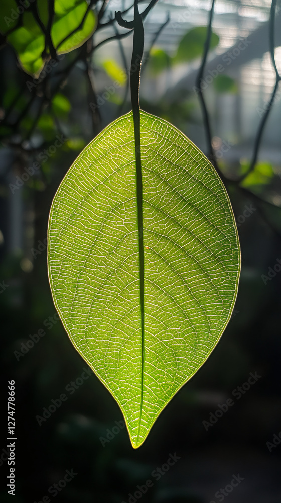 Poster Close-up of a backlit green leaf revealing its intricate vein structure, creating a vibrant display of nature's delicate beauty