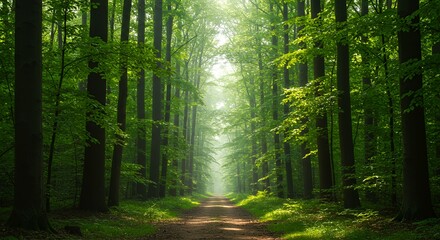 Walking Path Through Lush Green Forest with Sunlight Streaming Through Trees