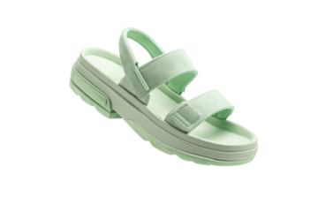 Light and trendy mint green sandals floating gracefully against a bright background isolated on transparent background