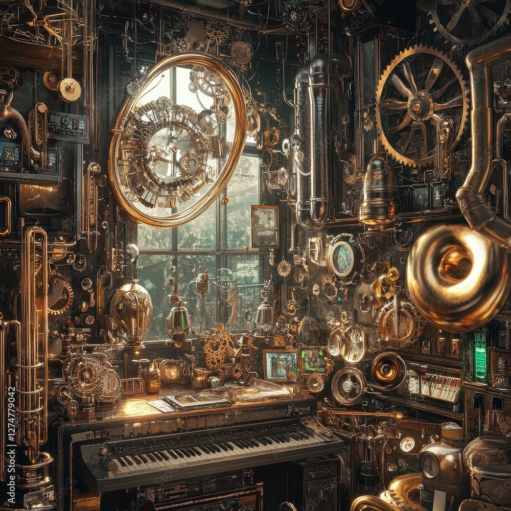 Aufkleber intricate steampunk workshop filled with clockwork gears and instruments