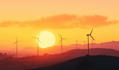Obraz premium Scenic shot of wind turbines silhouetted against a bright orange sunset, symbolizing clean energy solutions.