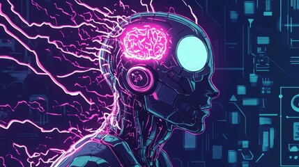 Futuristic robot profile features neon brain and electric surges