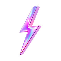 Holographic 3D Metallic Lightning Bolt Icon with Iridescent Energy Render and Lightning Effects on Transparent Background