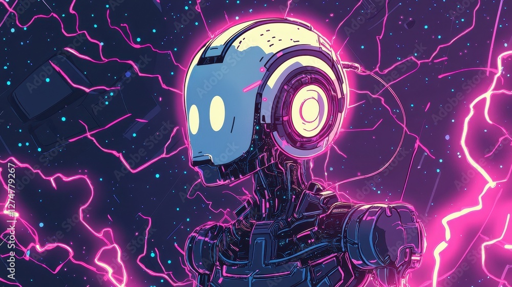 Poster stylized robot figure engulfed in neon lightning in space