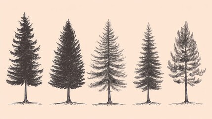 Obraz premium Five sketched conifers, pale background, design