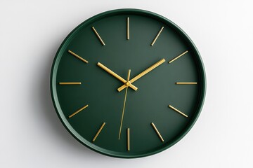 Minimalist Timepiece: A close-up shot of a modern wall clock with a striking design, featuring a dark green face, golden hands and markers, conveying elegance and timelessness.