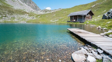 A rustic wooden cabin rests peacefully by an alpine lake, surrounded by lush greenery and rocky mountains, bathed in natural light