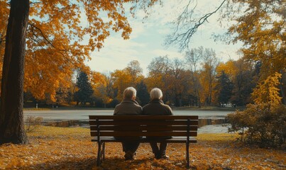 Happy senior couple sitting together on a wooden bench in a serene park, enjoying the peaceful autumn scener