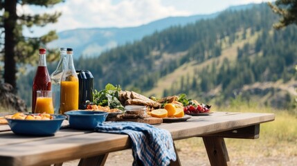 A rustic picnic table overlooks a scenic mountain landscape, adorned with vibrant local dishes and drinks inviting a leisurely meal outdoors