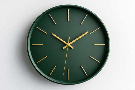 Minimalist Timepiece: A close-up shot of a modern wall clock with a striking design, featuring a dark green face, golden hands and markers, conveying elegance and timelessness.