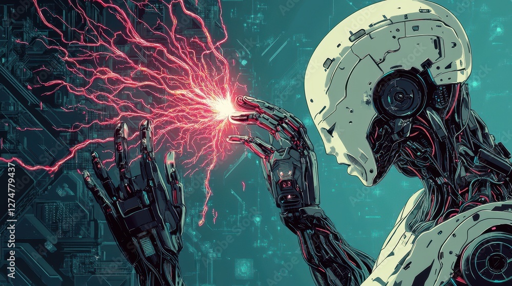 Poster futuristic robot manipulates energy with digital background and red lightning