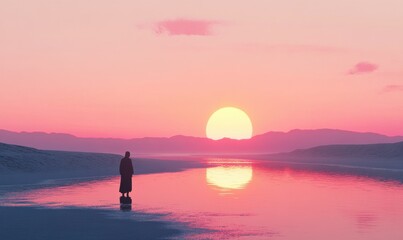 Fototapeta premium Scenic sunset at a beach with a silhouette of a person standing by the water, soft pink and orange hues blending into the horizo.