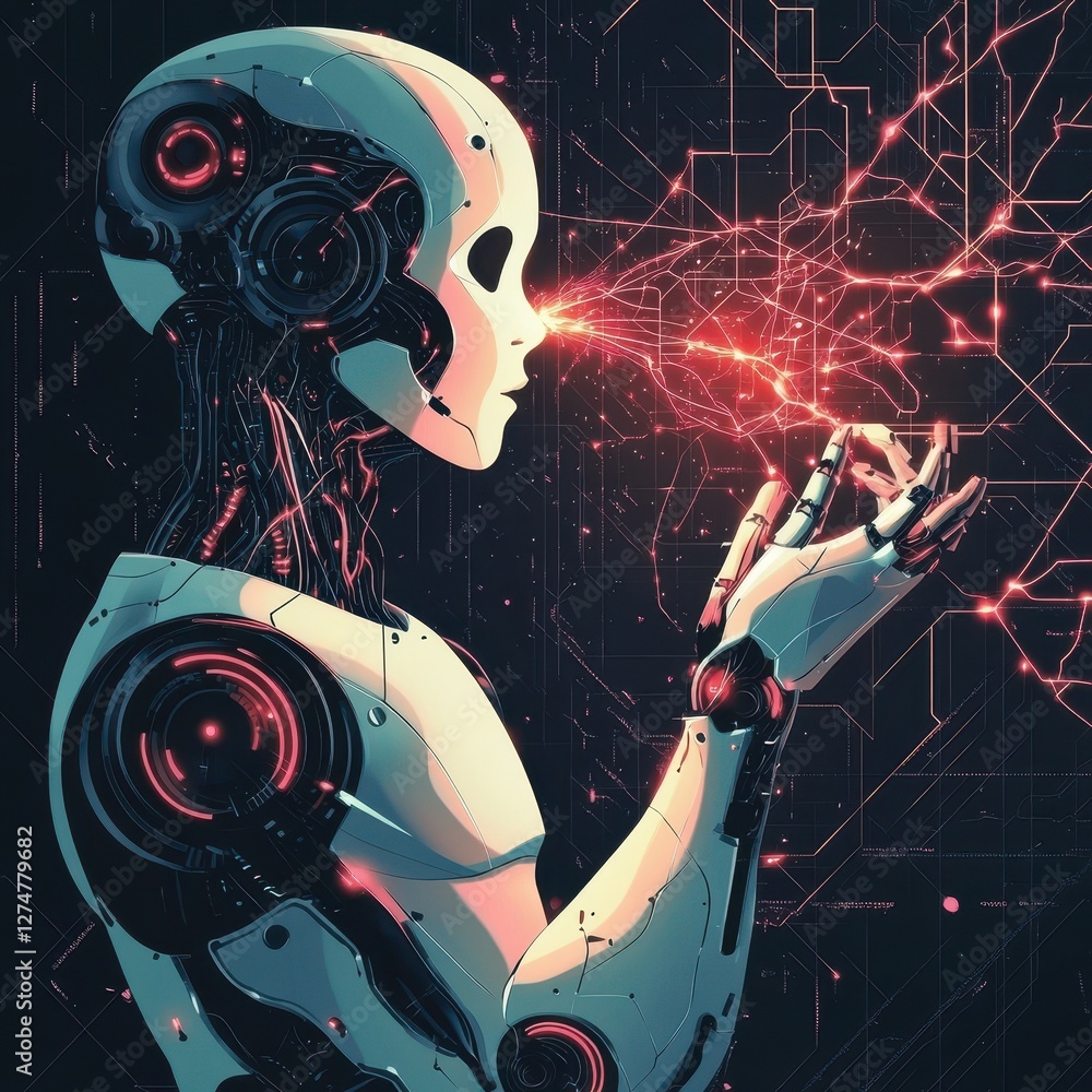 Poster futuristic cyborg with advanced technology interfaces with a complex network