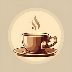 Obraz premium Steaming Tea Cup Illustration with Teabag and Saucer on Warm Beige Background Symbolizing Relaxation and Comfort