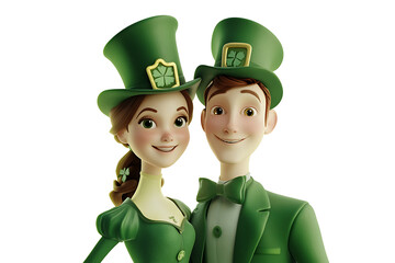 Cheerful couple dressed in green attire celebrating a festive occasion, with a bright background