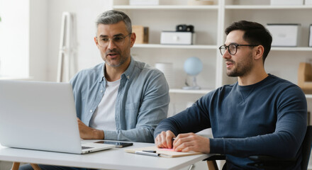 Fototapeta premium Two men are sitting at a table with a laptop in front of them