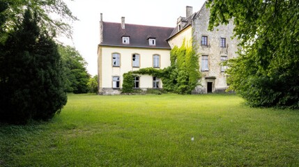 Fototapeta premium Ruins of a baroque mansion, enveloped by ivy and lush greenery, evoke a deep sense of history and the beauty of neglect in natural light