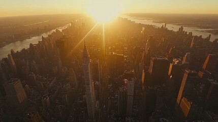 Aerial Sunset Cityscape, River, Buildings, Golden Hour