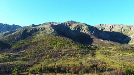 Several scenic remote mountains like Alps adorned in lush greenery and dry brown vegetation with clear sky in Argentina, South America