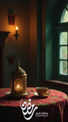 Naklejka premium Ramadan Islamic background with Arabic calligraphy with copy space, vertical orientation.