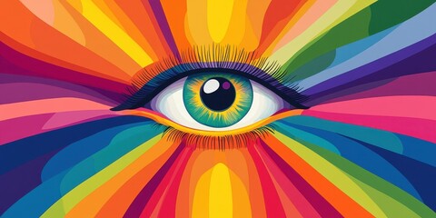 Colorful human eye surrounded by radiating rainbow hues