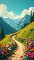 Obraz premium Retro posters sliding down a hill with colorful flowers , retro posters, slide, colorful