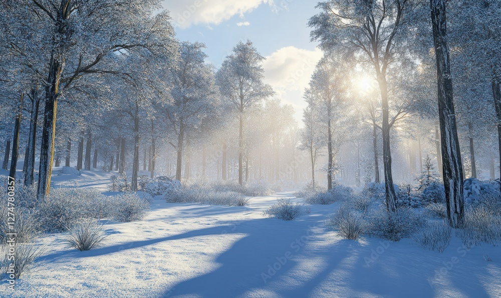 Poster scenic view of a snow-covered forest, soft sunlight filtering through the trees creating a serene wi