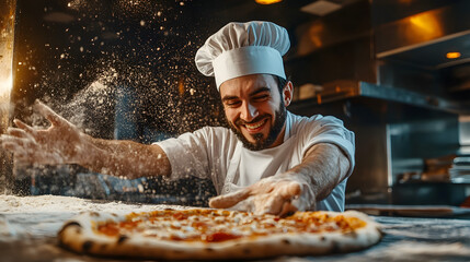 Smiling Chef in Uniform Holding Pizza in Restaurant Kitchen