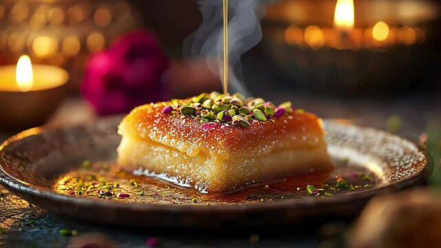 Warm syrup-soaked pastry topped with pistachios on a plate, creating a cozy and inviting atmosphere with warm lighting.