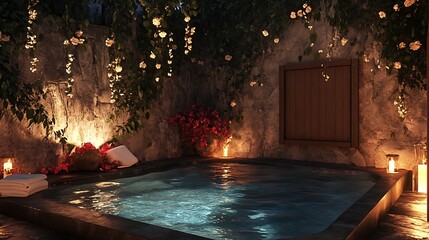 Fototapeta premium Serene Nighttime Spa Oasis: A Romantic Escape