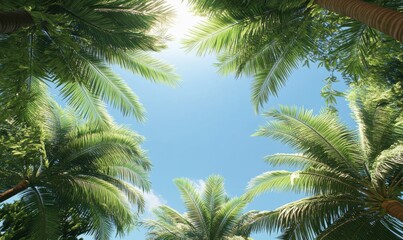 Lush green palm tree leaves stretching toward a clear blue sky, creating a tropical escape and tranquil vacation vibe.