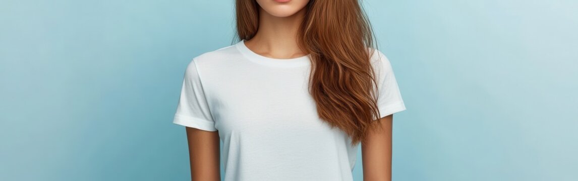 Woman in a white shirt poses against a light blue background showcasing confidence and style
