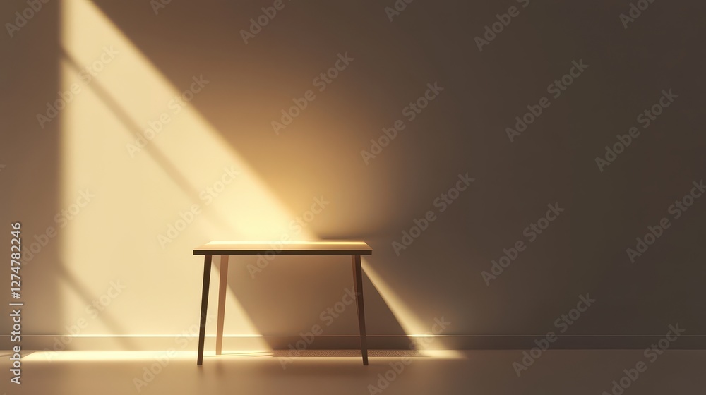 Poster light streams across a simple table placed against a wall
