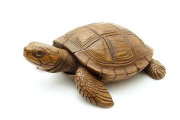 Obraz premium Elegant wooden turtle sculpture resting on a clean white surface, showcasing intricate craftsmanship isolated on transparent background